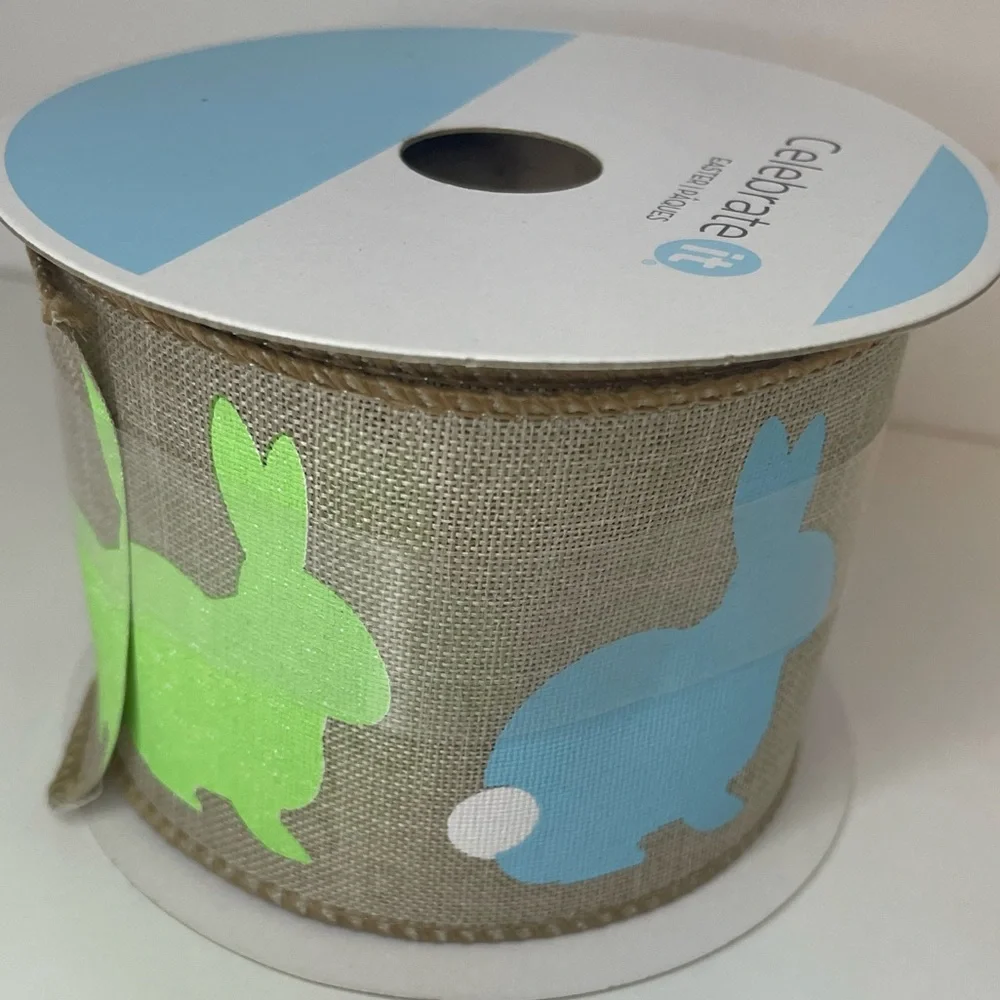 Burlap Ribbon with Colorful Bunny Design, Easter ribbon (Baby Shower) 2.5”x20ft